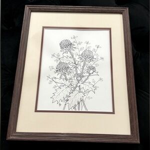 Vintage Framed Botanical Ink Pen Illustration Milk Thistle & Leaves MCM Unique